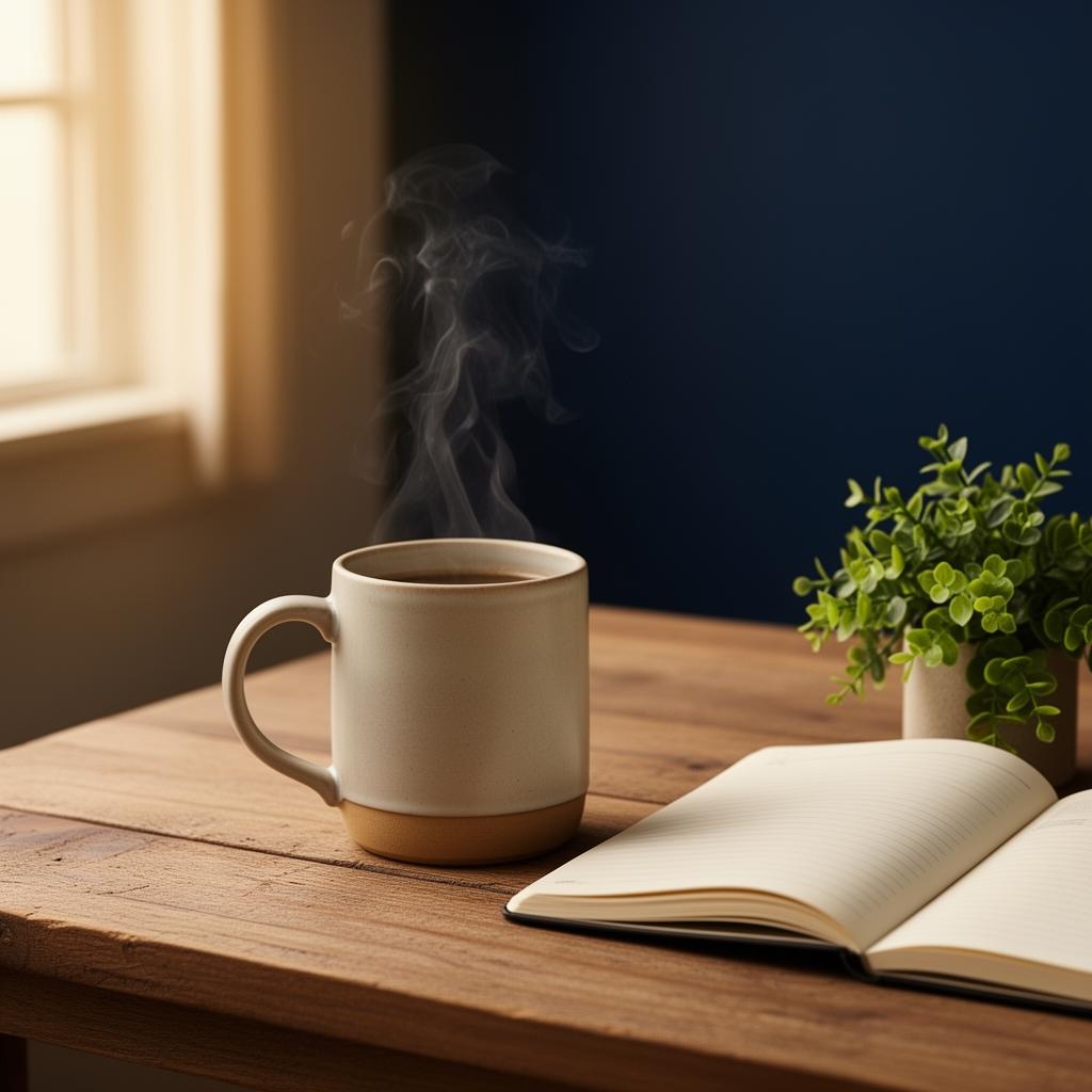 A warm mug and open notebook on a sunlit table