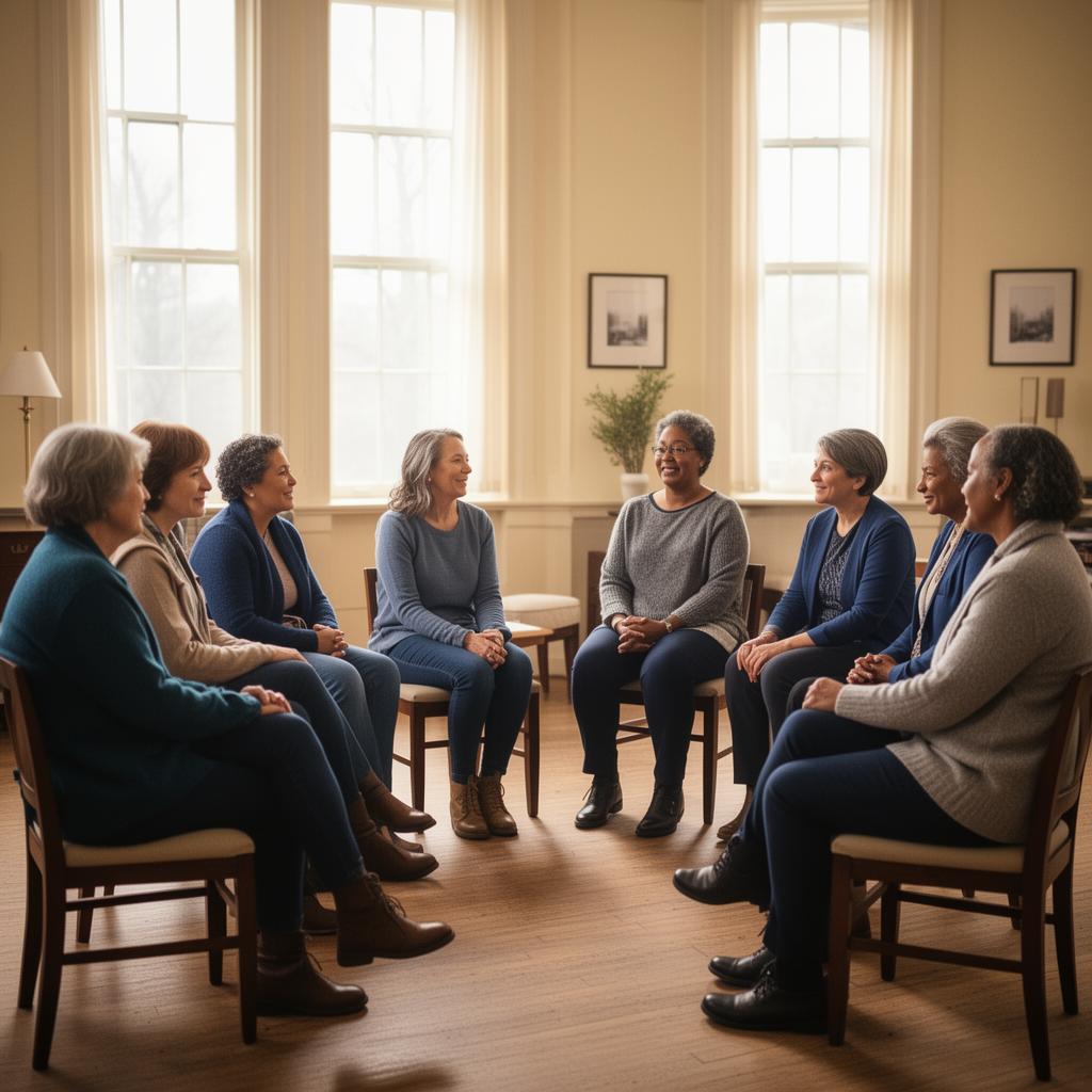 A small group sitting together in a warmly lit community room