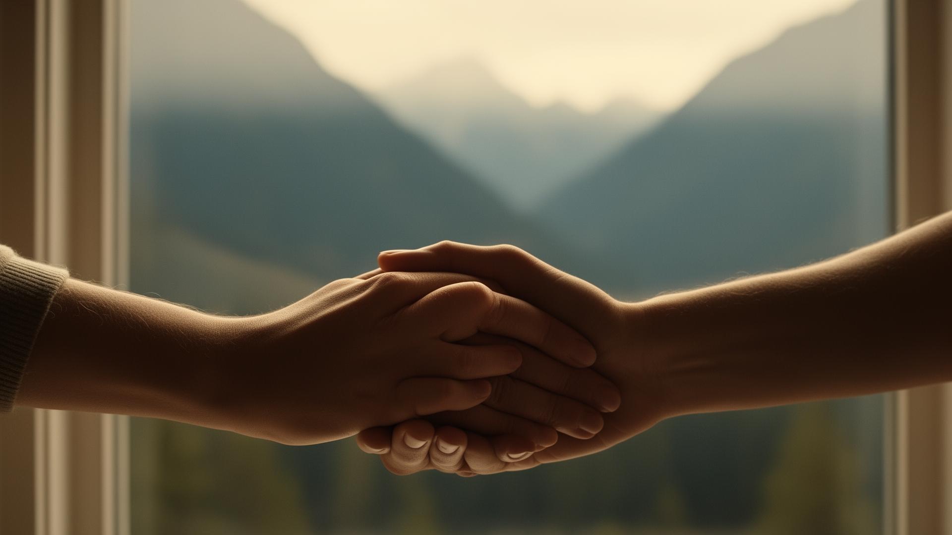 Two hands gently clasped together with a Fraser Valley mountain view